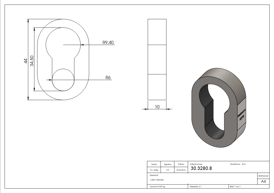 Sicherheitsrosette - Masse- 28x44x10 mm - Stahl S235JR- roh - AMF Artikel- 10710-30-3280.8