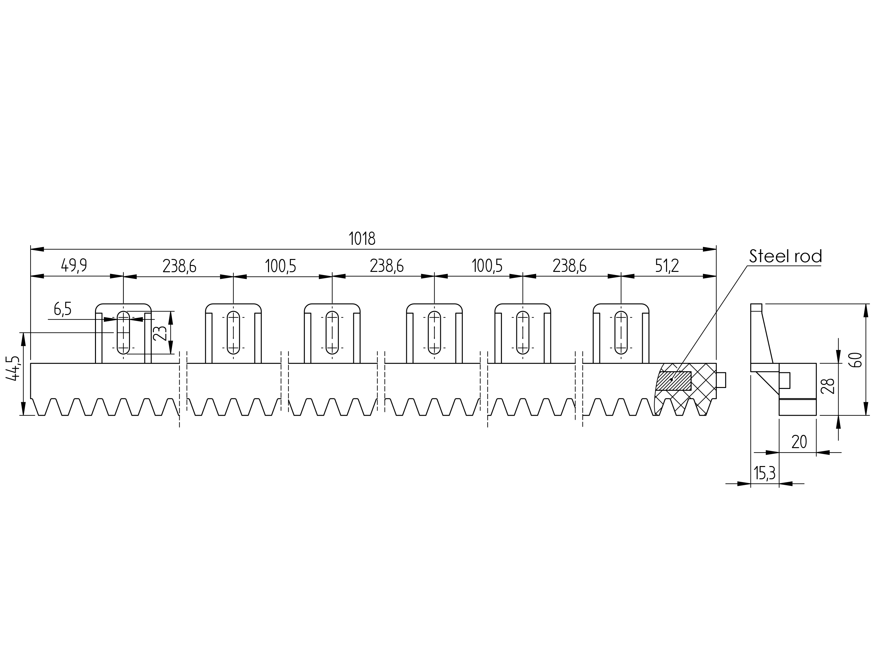 Zahnstange Kunststoff mit Stahlkern 27x18 mm L=1000 mm Modul 4 fuer Schiebetore-89-11H01PVCUP-A.4