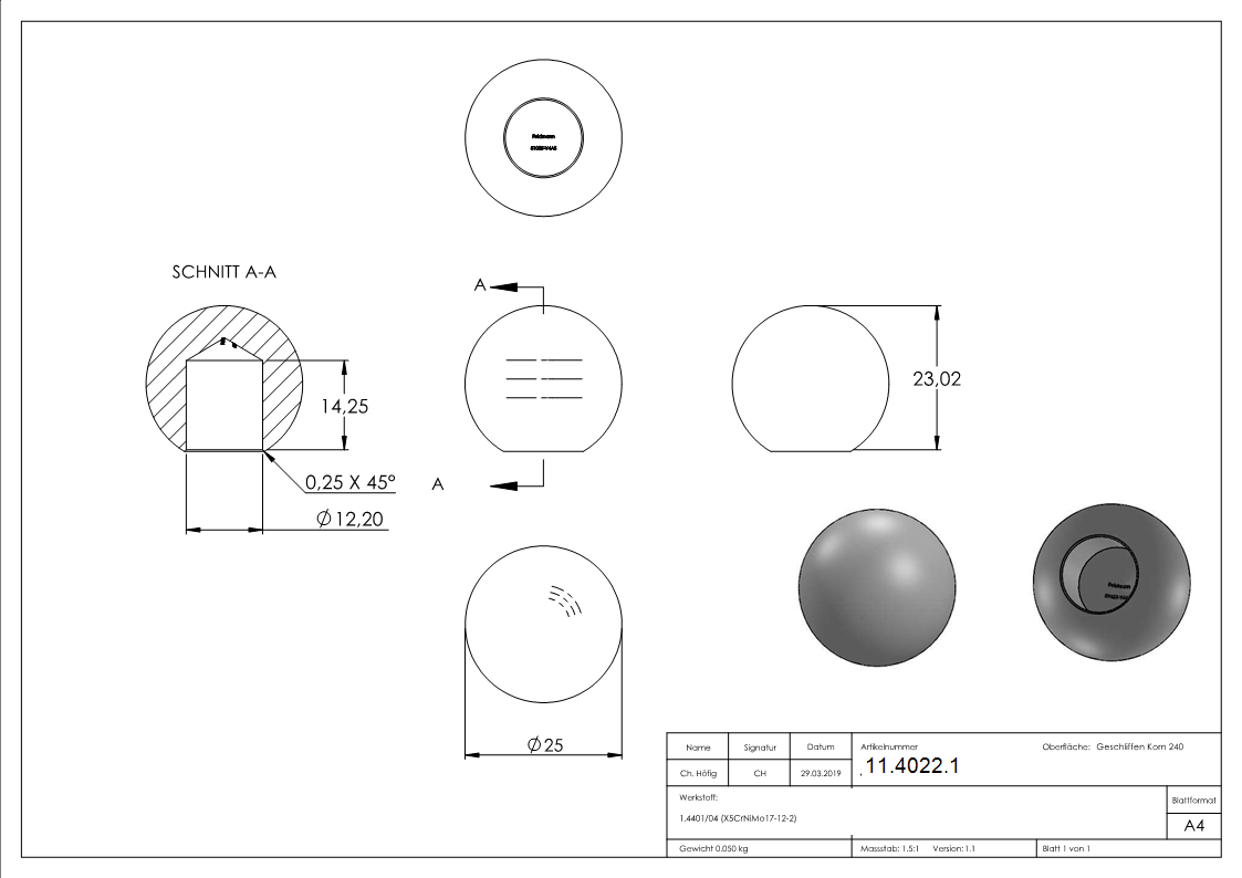 Kugel - Ø 25 mm - mit Sackloch- 12-2 mm - V4A Vollmaterial-11-4022.1