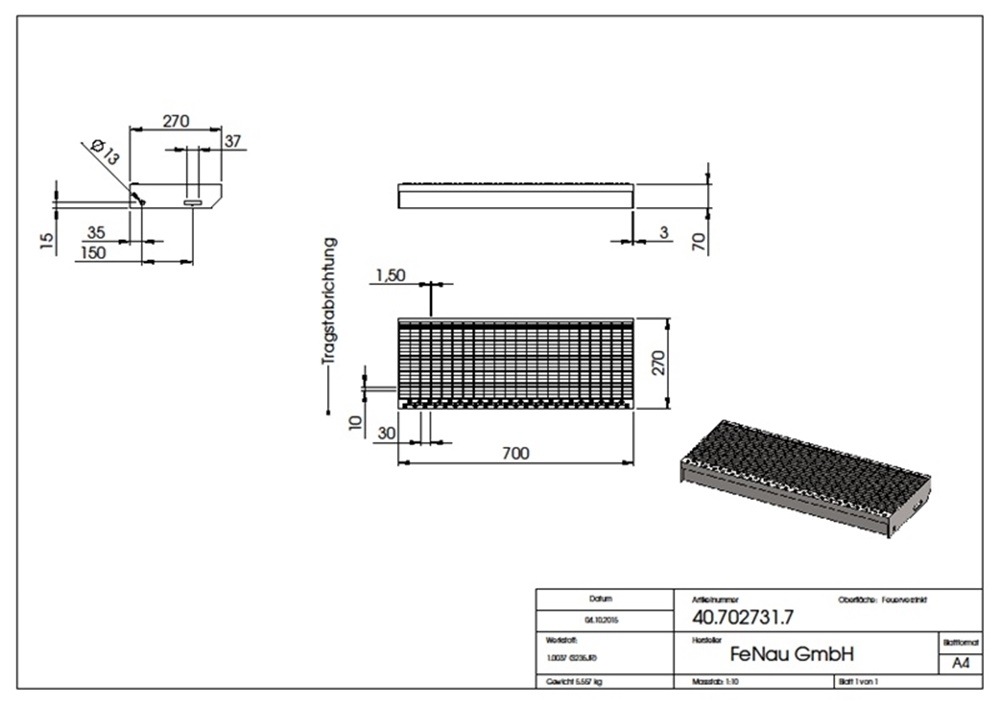 Gitterroststufe Treppenstufe Masse- 700x270 mm 30-10 mm S235JR -St37-2- im Vollbad feuerverzinkt-40-702731.7