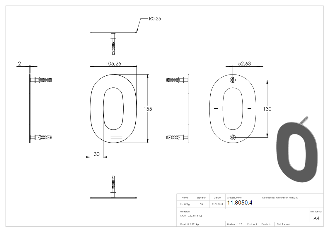 Hausnummer 0 - klein - Masse- 110 mm x 150 mm - V2A-11-8050.4